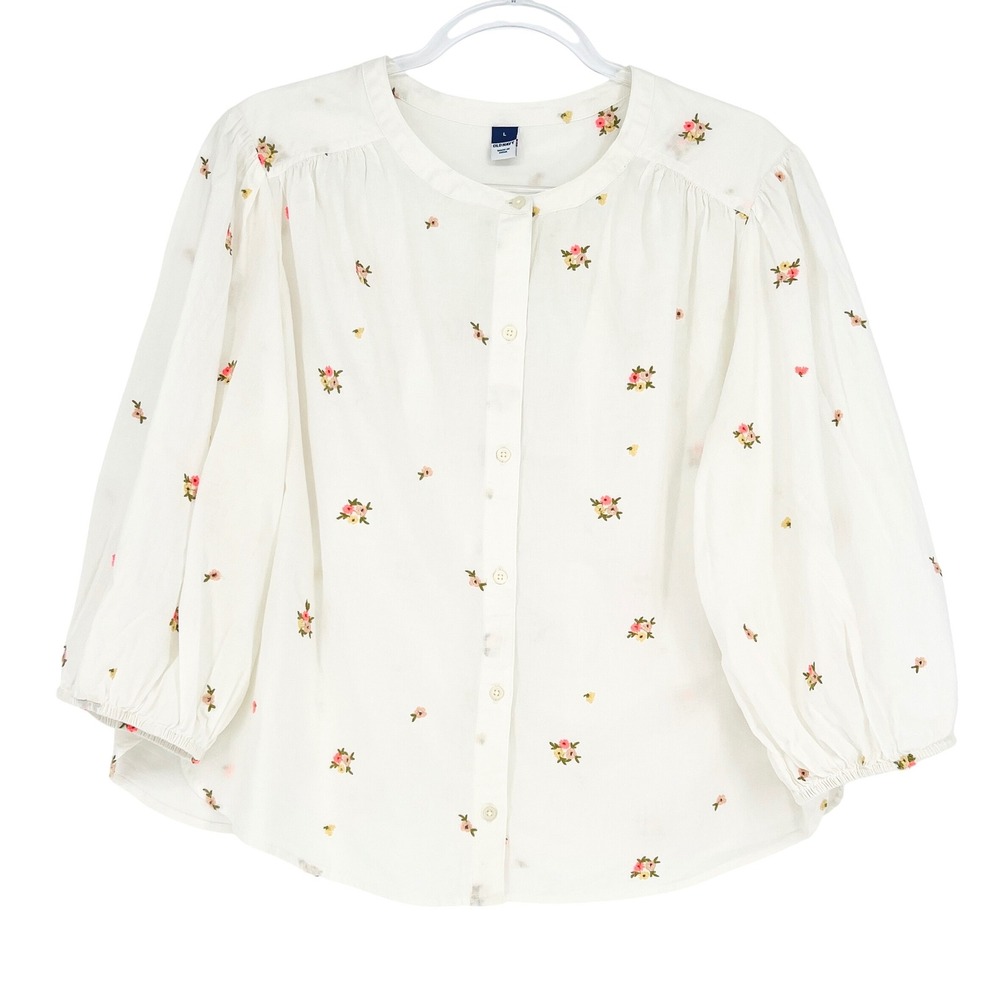 Old Navy Embroidered Blouse Womens Large White Floral Button Down Boho Peasant
